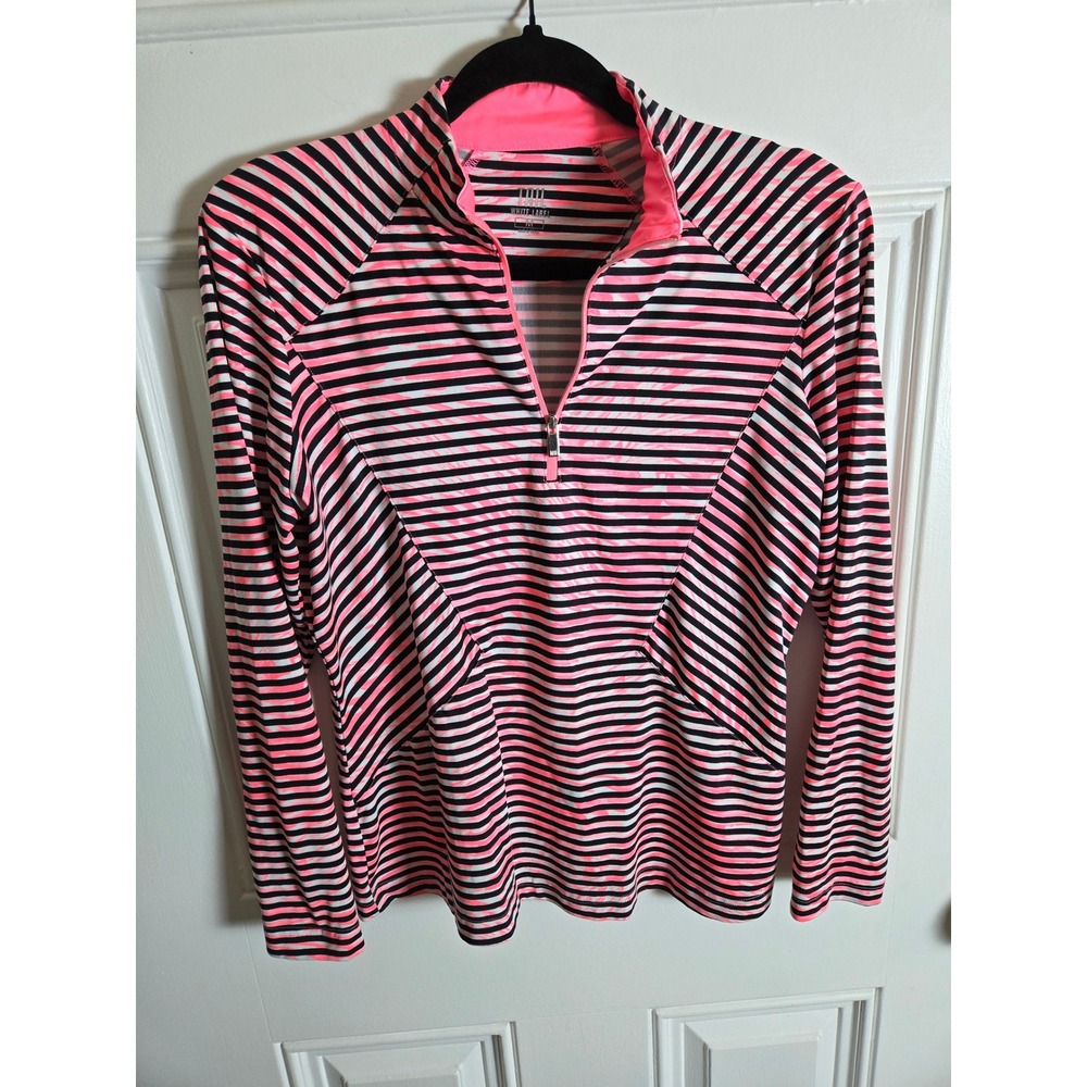 Tail White Label Women's Medium Quarter Zip Pullover Pink Black Striped Golf Top